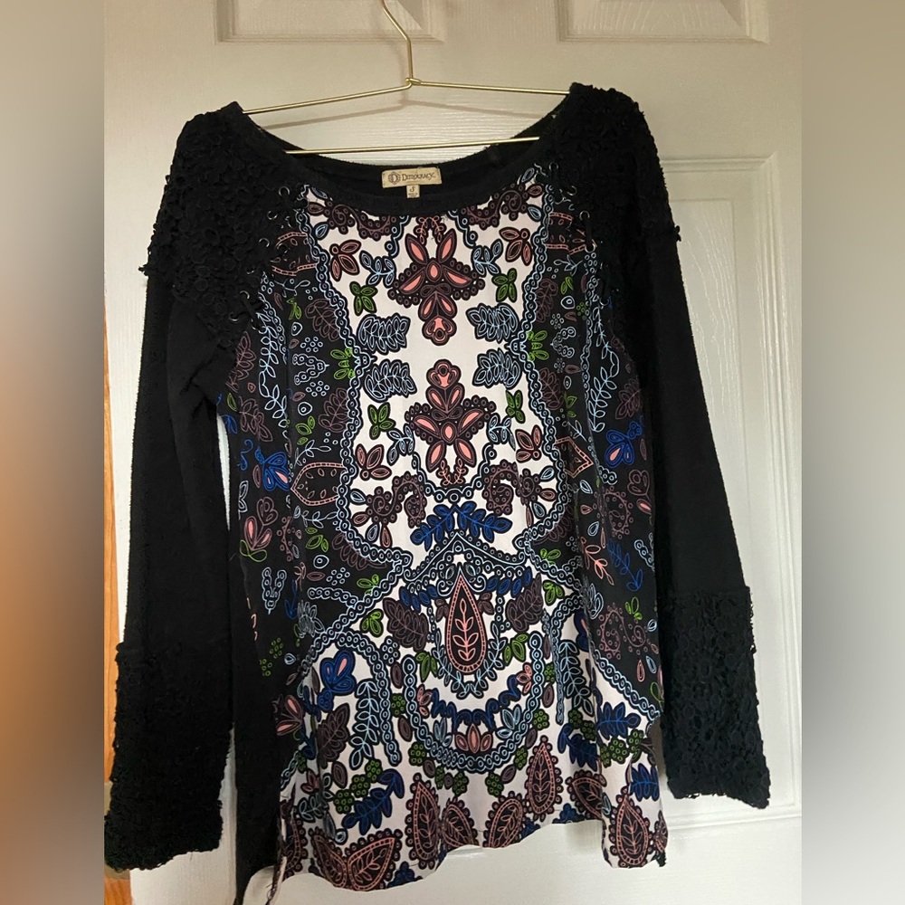 Democracy Long Sleeve Top - Boho Print & Crochet Detail - Size Small - Picture 1 of 7
